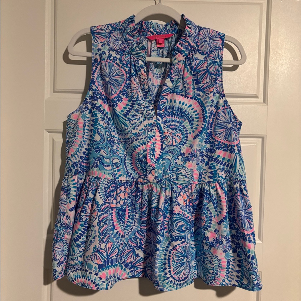 Lilly Pulitzer Novella Ruffle Hem Top Commotion In The Ocean Size Large